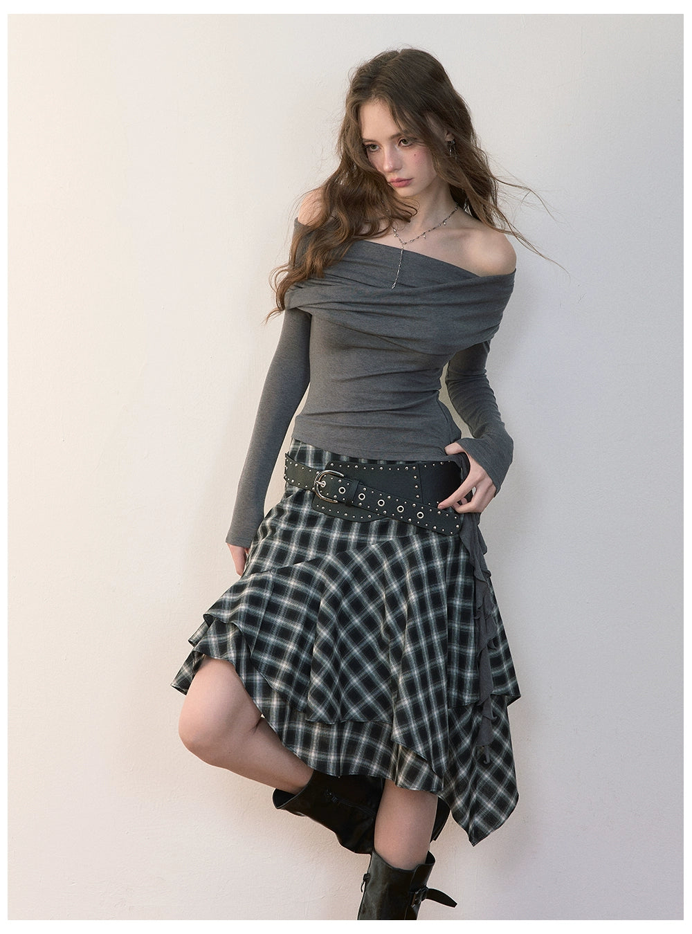 Asymmetric Plaid Midi Skirt