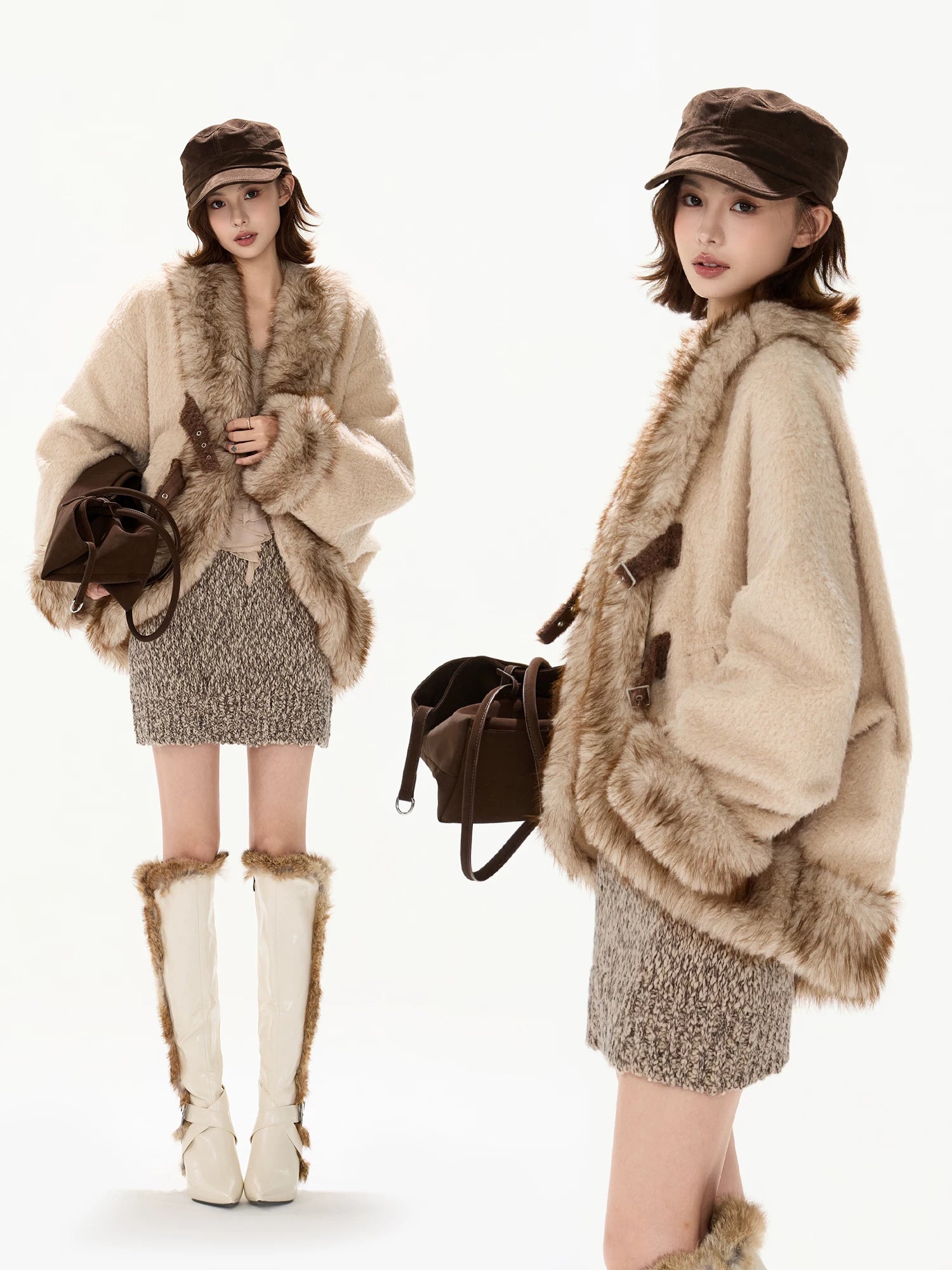 Beige Faux Fur Trim Coat