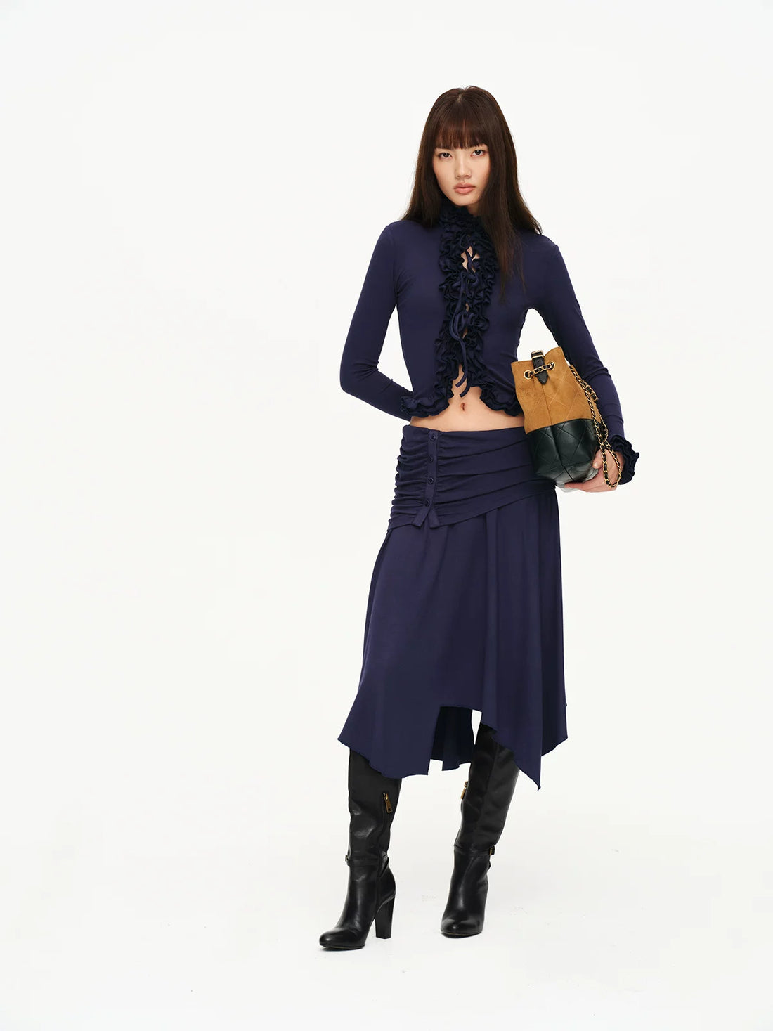 Ruched Ruffle Cardigan &amp; Skirt Set