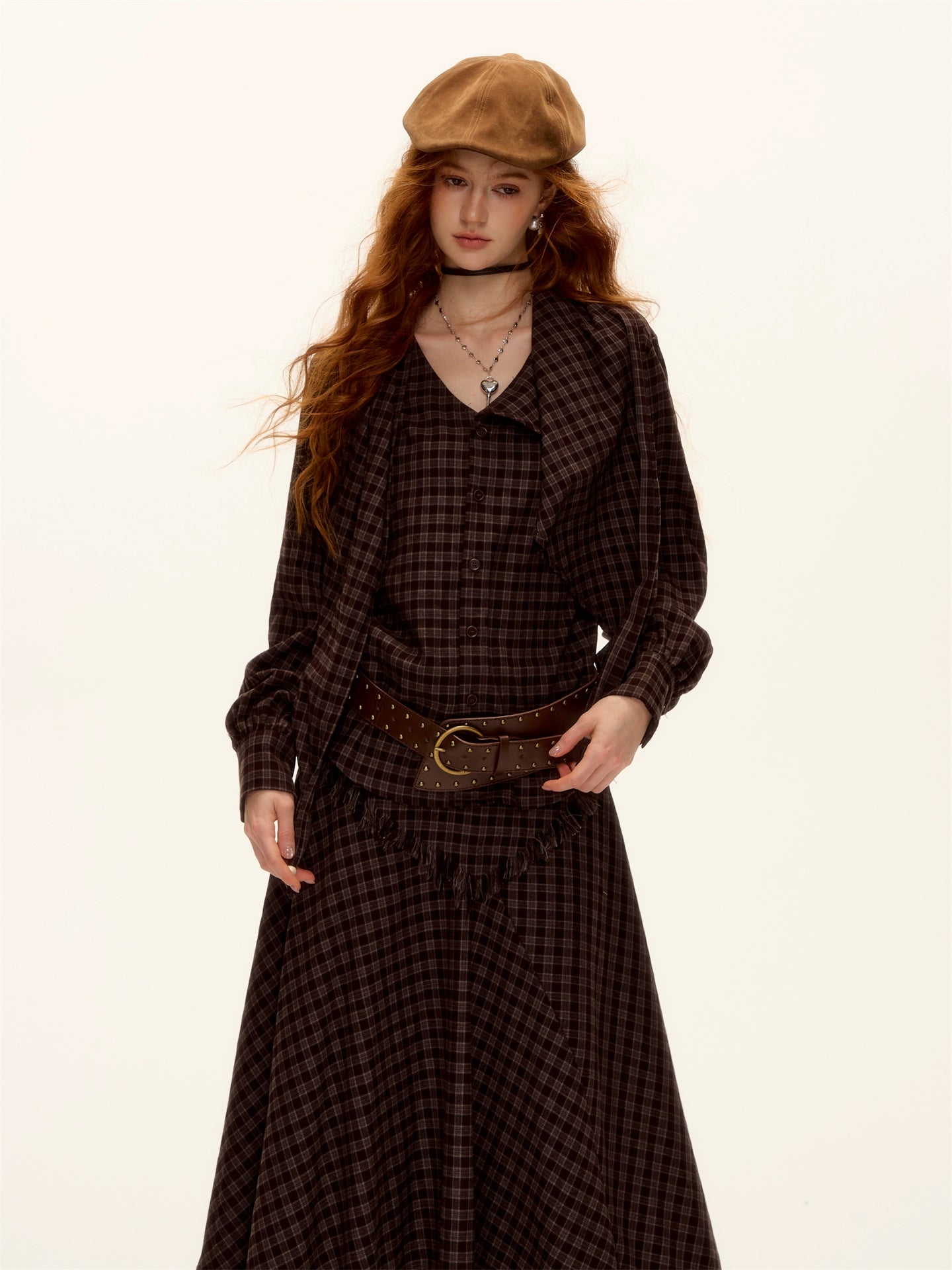 Vintage Plaid Beaded Tie-Scarf Shirt