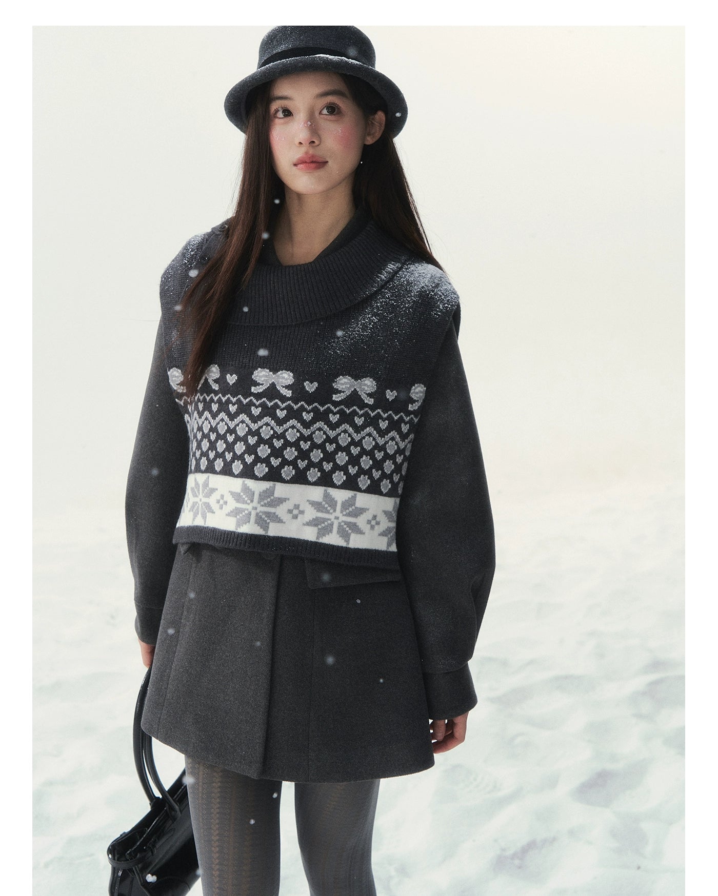 Double-Breasted Fur-Collar Coat Set