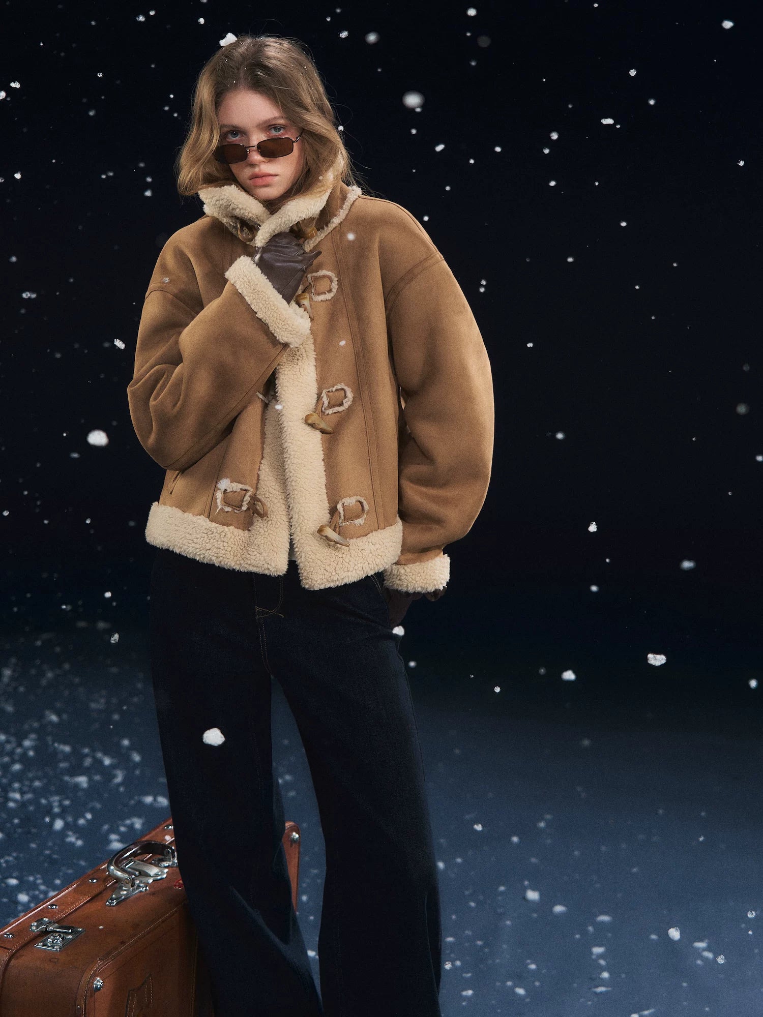 Horn Button Woolen Fur Jacket