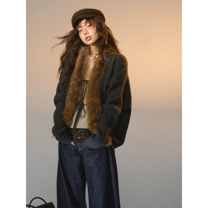 Tie Batwing Fur Collar Sweater