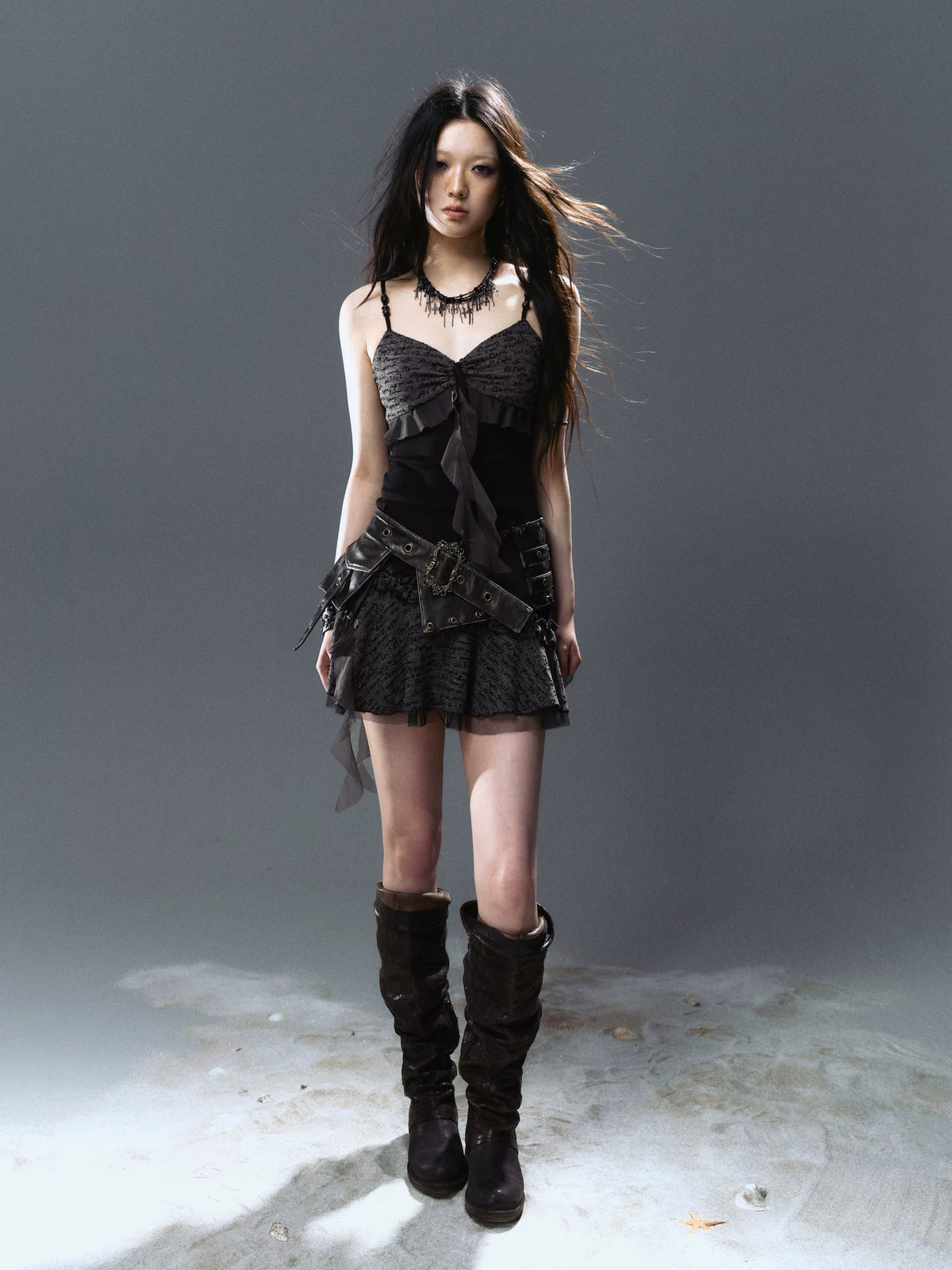 Pleated Belt Slip Dress