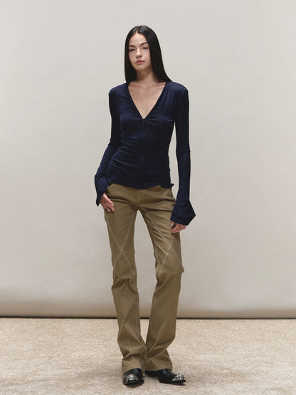 Lyocell Adjustable-Zip Flared-Sleeve Top