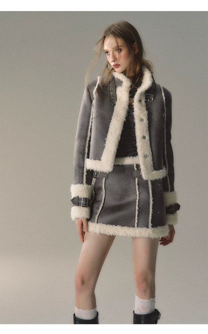 Grey Short Plush Shearling Jacket &amp; Skirt Set