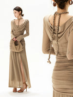 Greige Halter Knit Mesh Maxi Dress