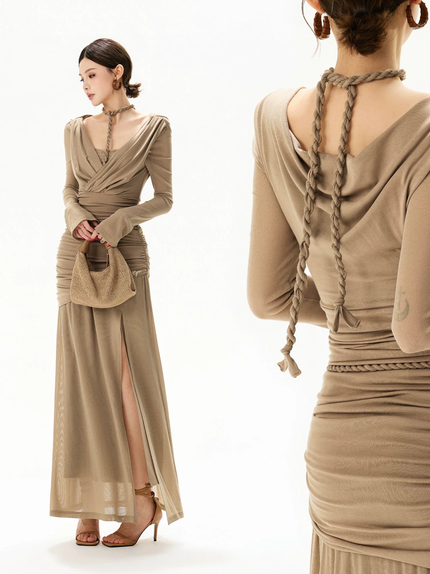 Greige Halter Knit Mesh Maxi Dress