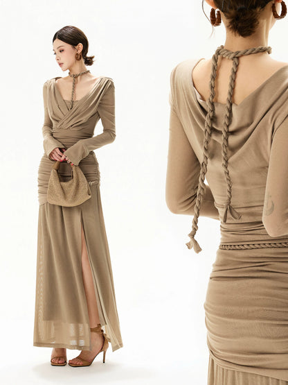 Greige Halter Knit Mesh Maxi Dress
