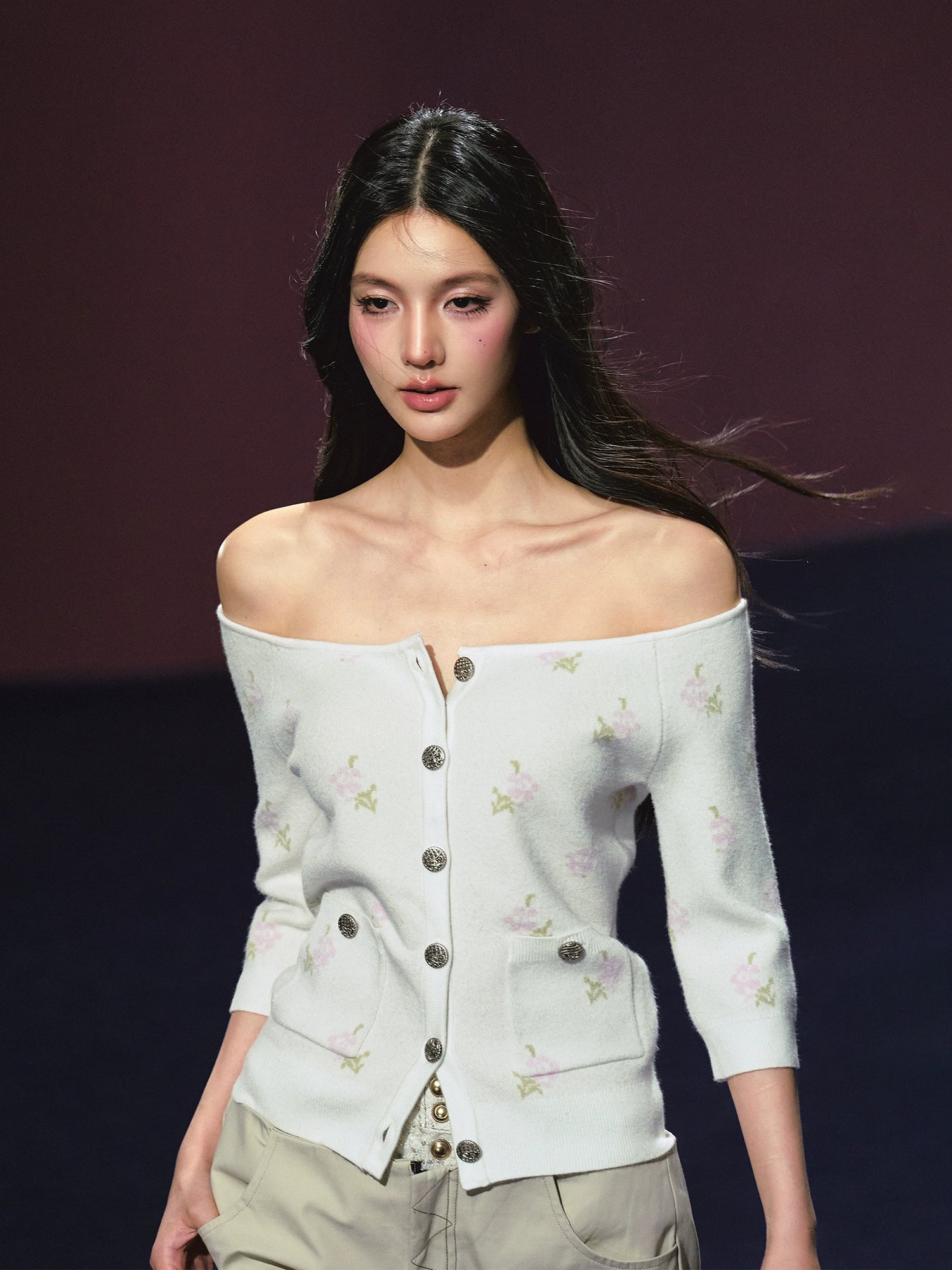 Floral Pattern Off-shoulder Mosaic Knit Cardigan