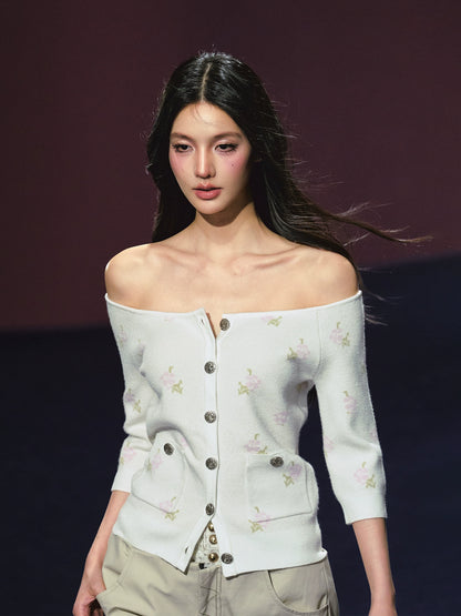 Floral Pattern Off-shoulder Mosaic Knit Cardigan