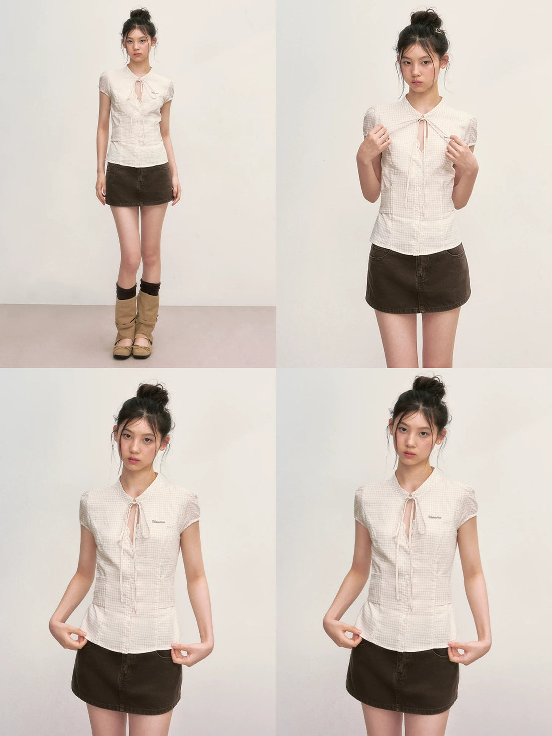 Apricot Plaid Tie-Neck Blouse