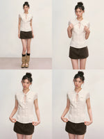 Apricot Plaid Tie-Neck Blouse