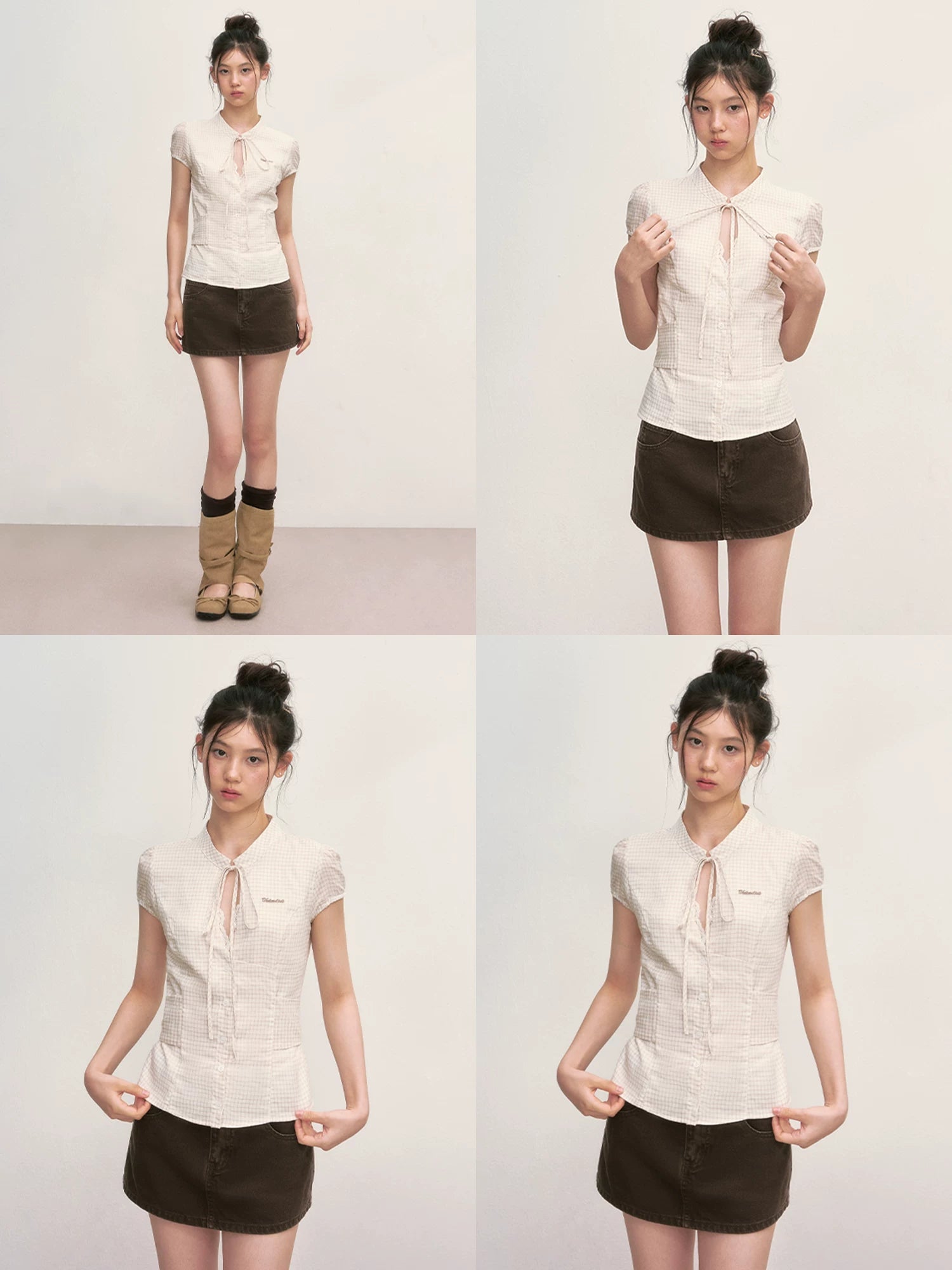 Apricot Plaid Tie-Neck Blouse