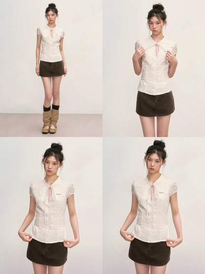Apricot Plaid Tie-Neck Blouse