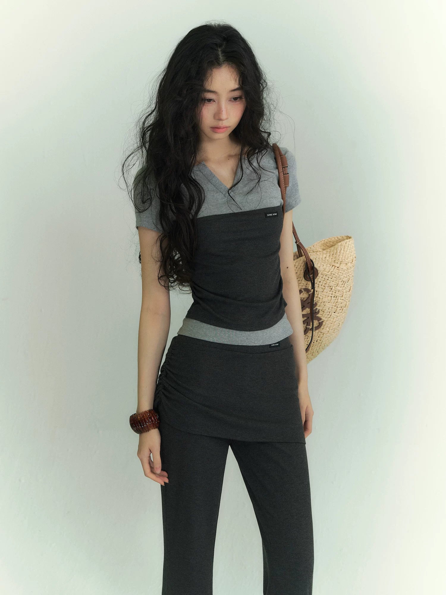 Gray Layered V Tee &amp; Pants Set