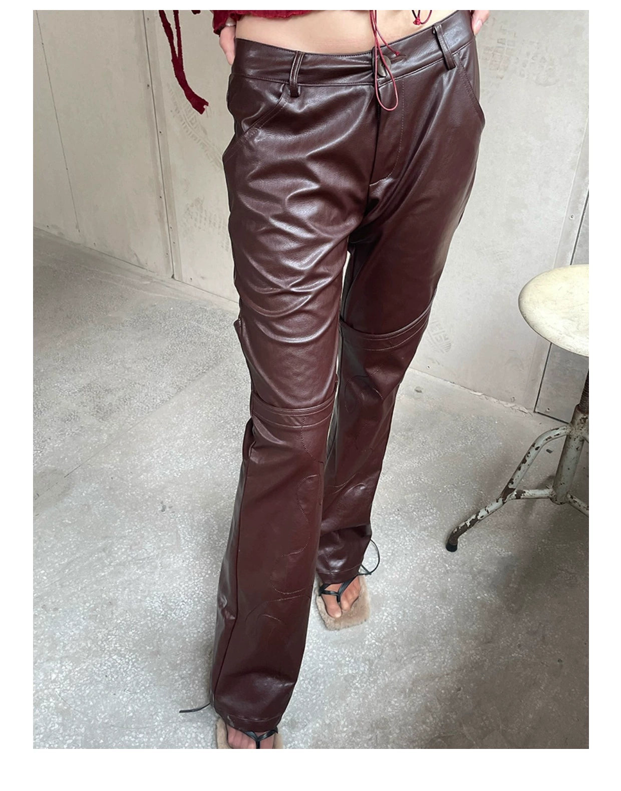 Black &amp; Burgundy Embroidered PU Pants