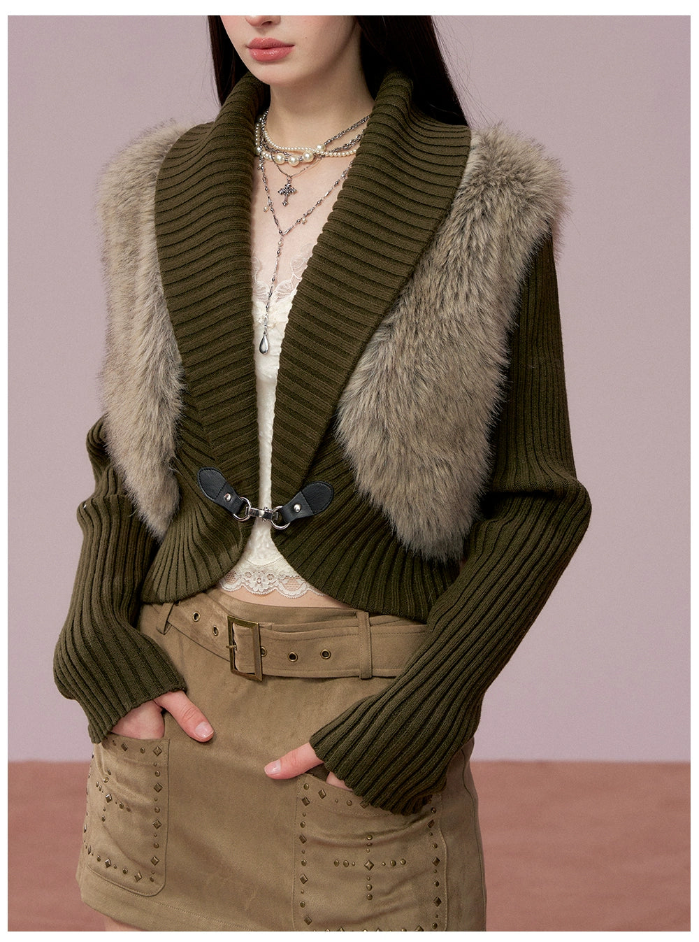 Faux Fur Panel Knitted Short Jacket