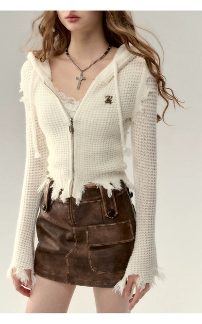Fringe Waffle-Knit Cardigan