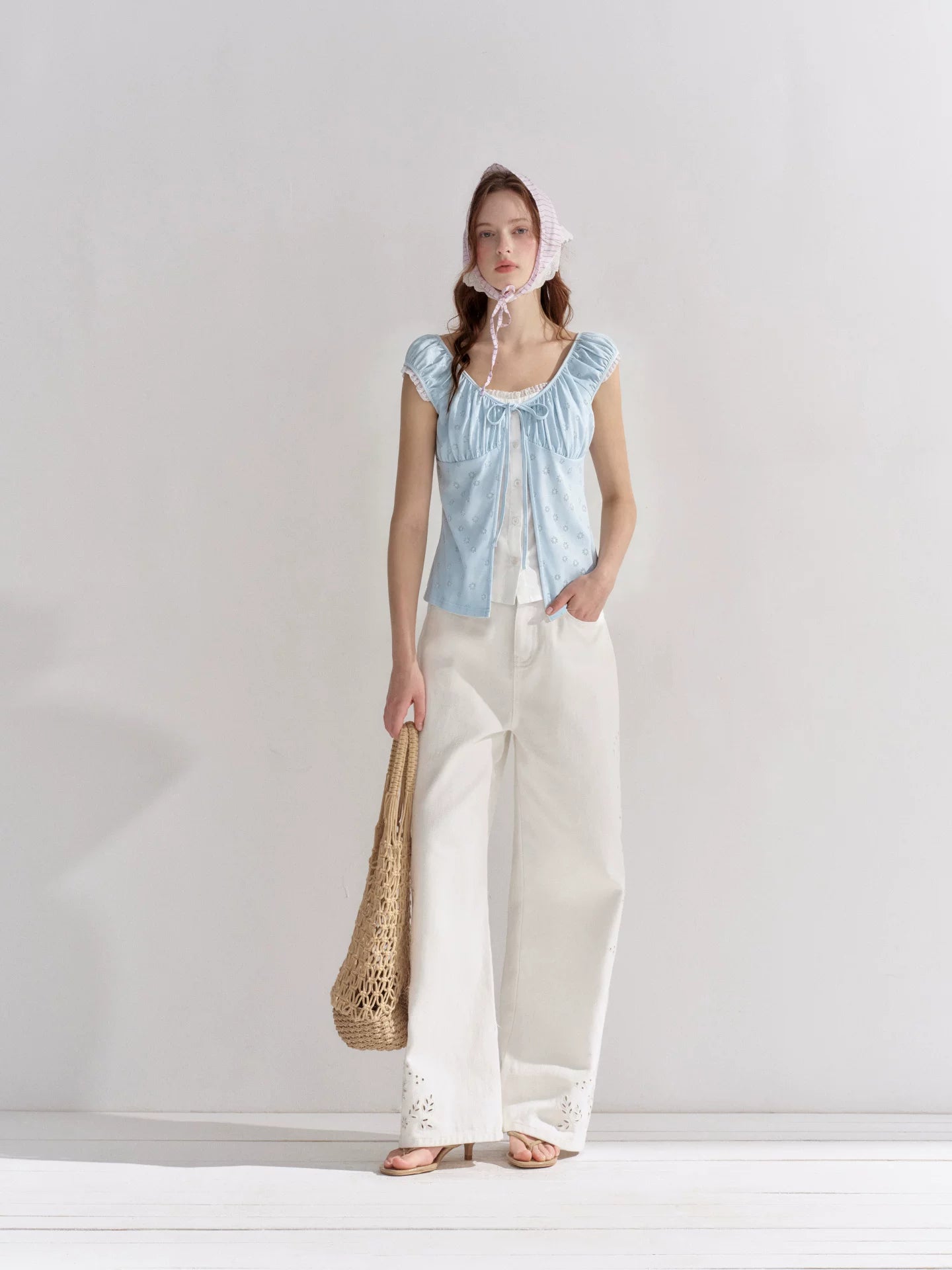 Contrast Panel Floral Eyelet Blouse