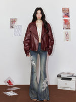 Striped Collar Biker Leather Jacket