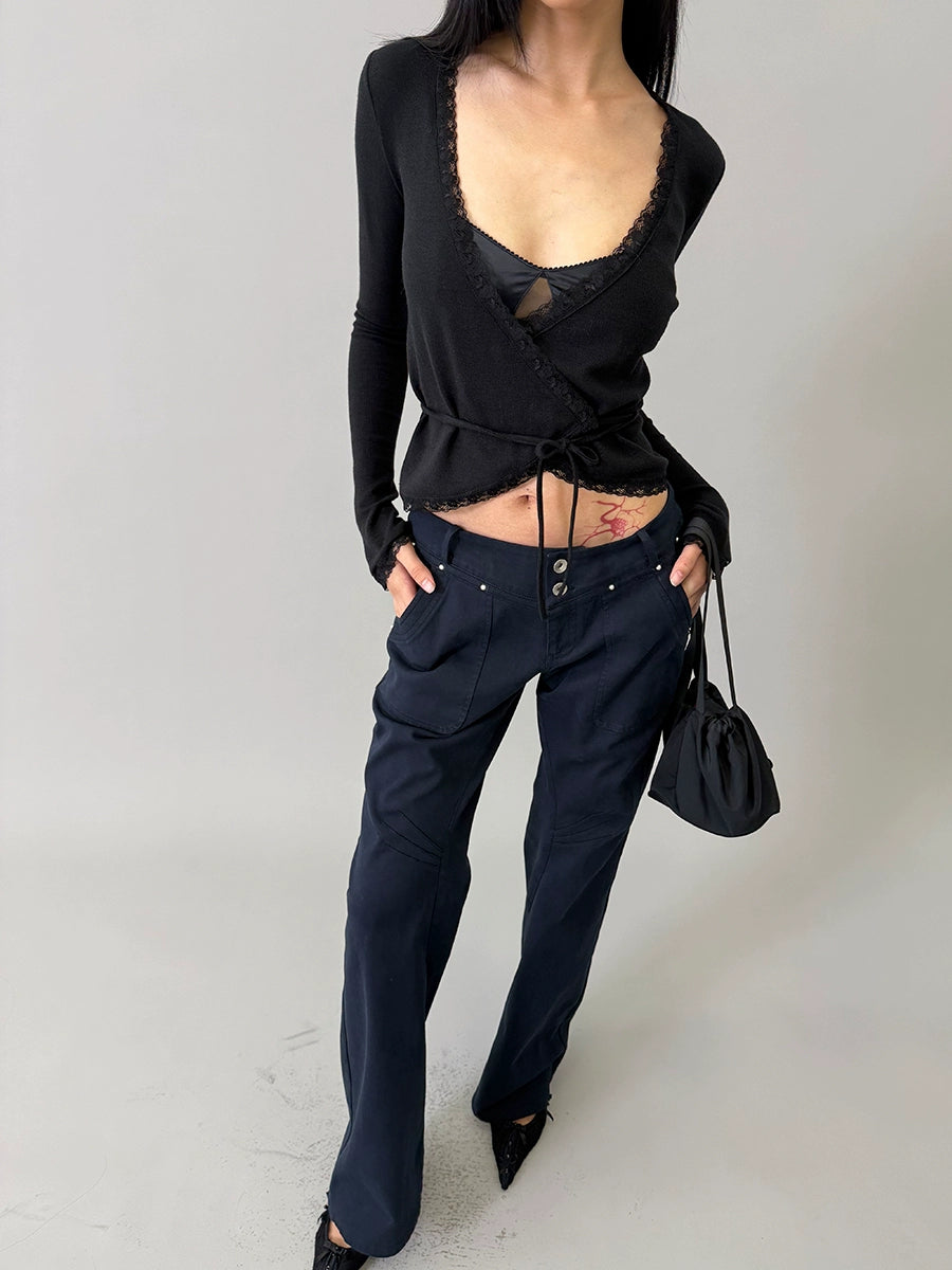 Two-Tone Lace-Trim Cross-Tie Cropped Knit Cardigan