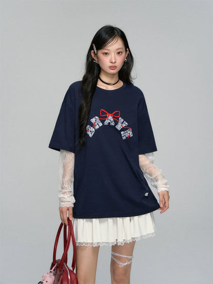 Lace-spliced Alphabet Bow T-shirt