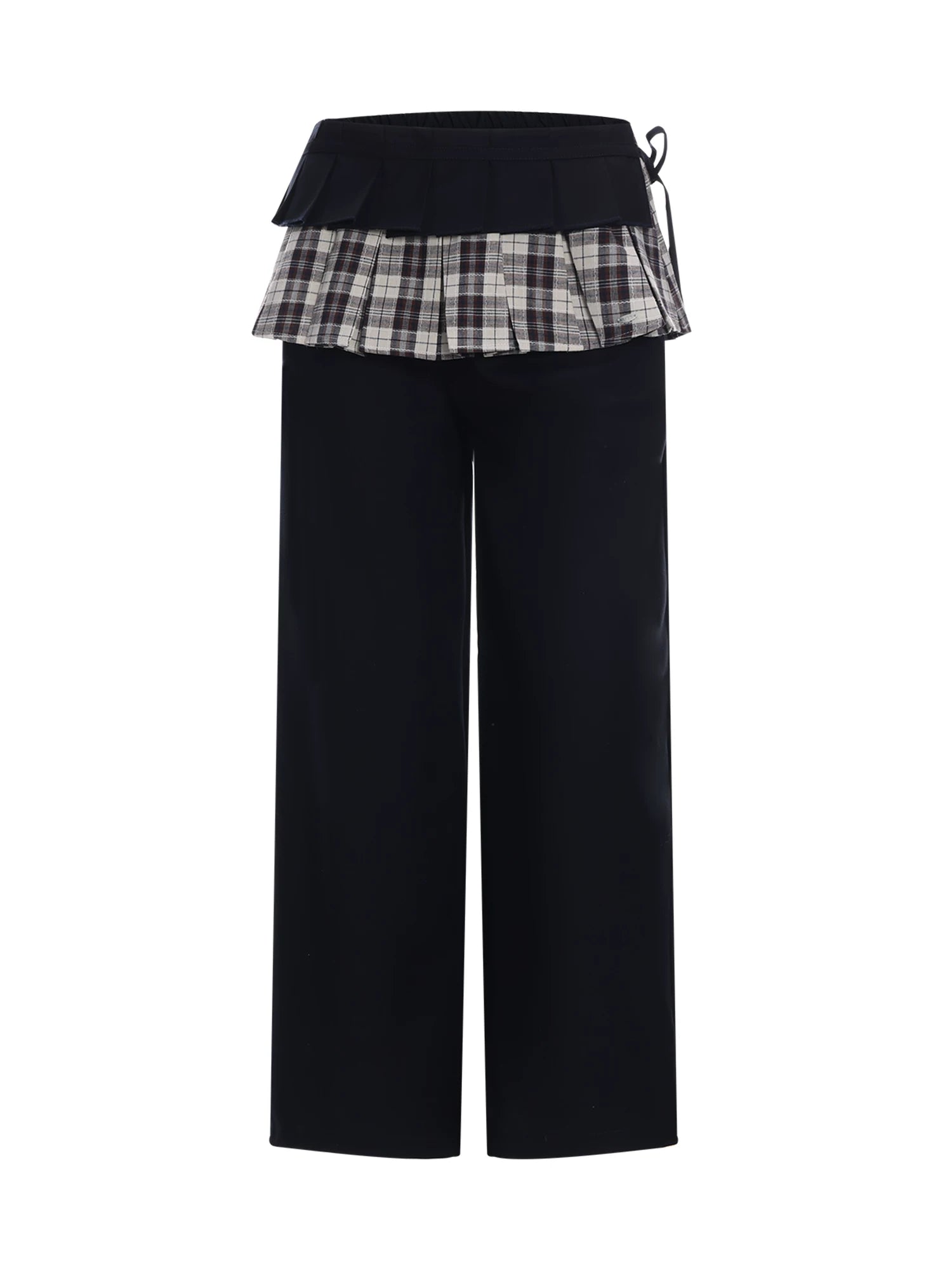 Navy Blue Plaid Panel Straight Pants