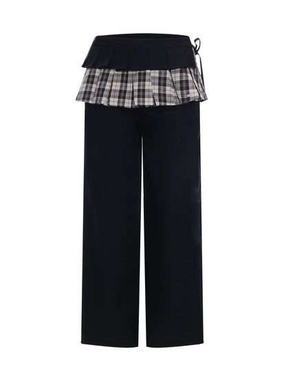 Navy Blue Plaid Panel Straight Pants