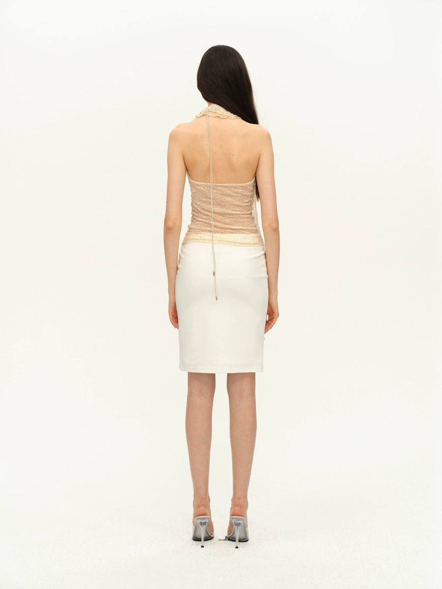 Two-Tone Lace Trim Halter Blouse