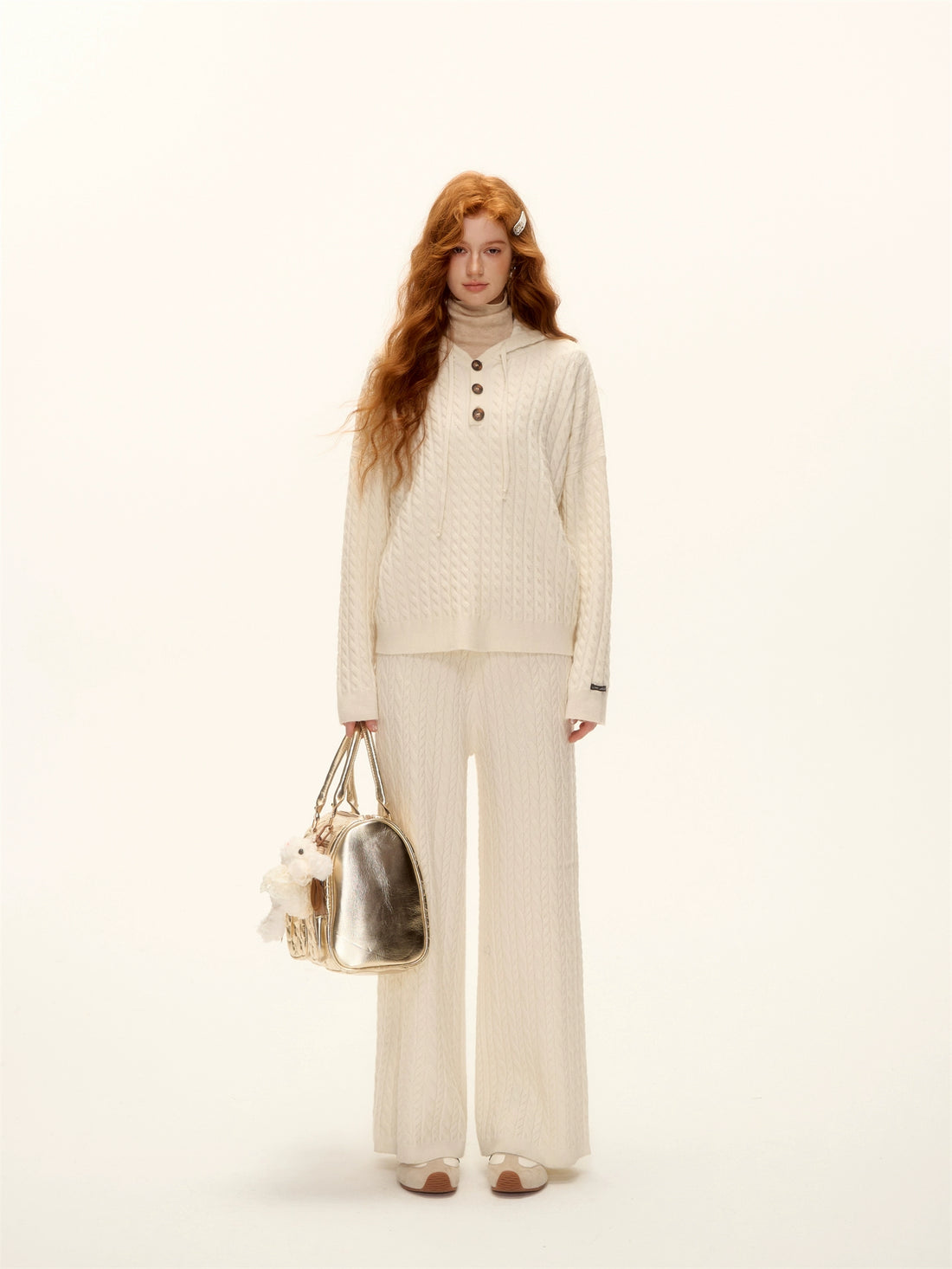 Wool Blend Cable Knit Hoodie and Pants Set