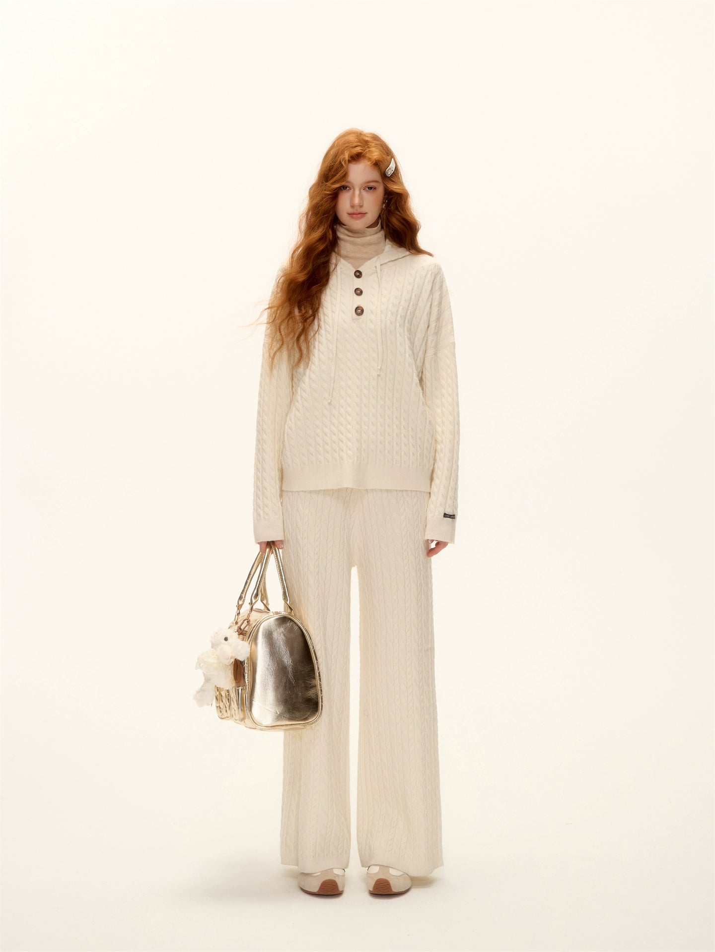 Wool Blend Cable Knit Hoodie and Pants Set