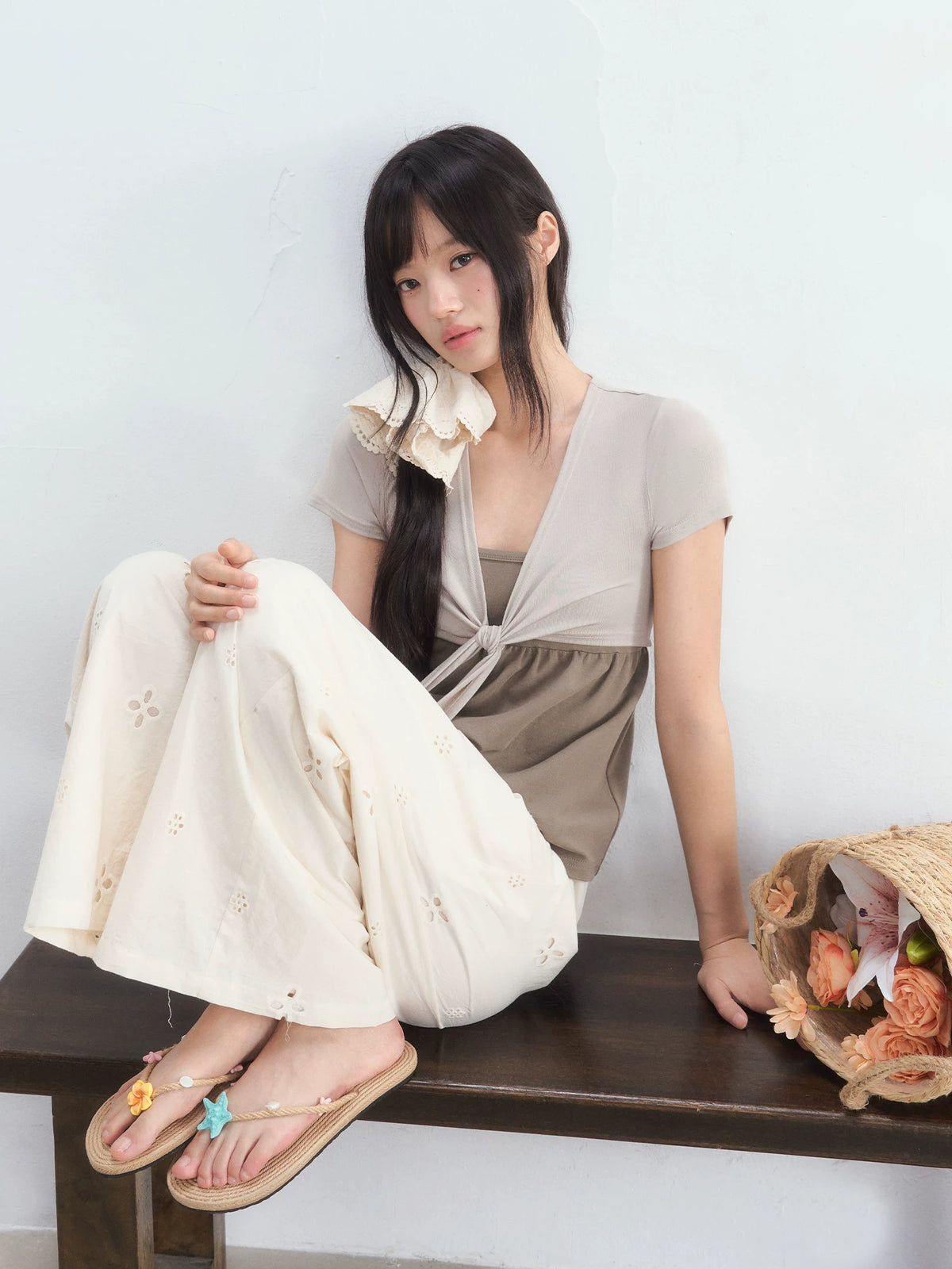 Fake Two-Piece Tie Blouse &amp; Pants Set