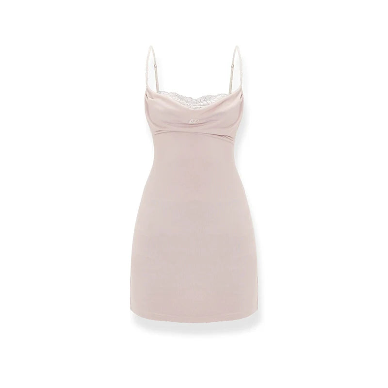 Pink Sheath Satin-Lace Paneled Dress