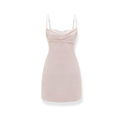 Pink Sheath Satin-Lace Paneled Dress