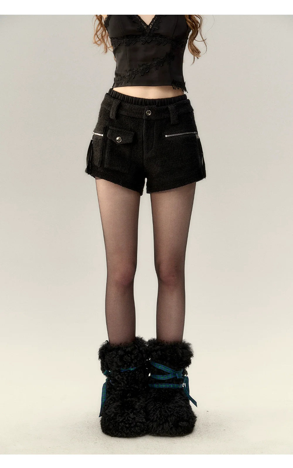 Black Double-Layer Patchwork 2-in-1 Shorts