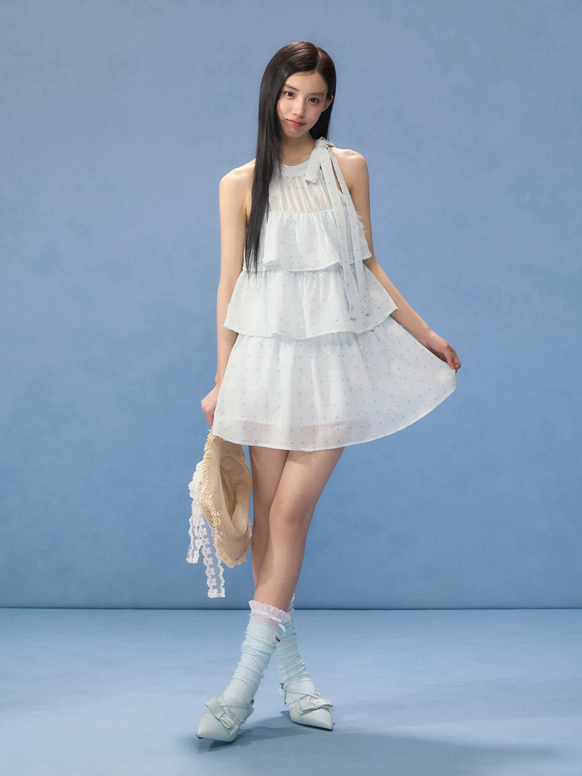 Light Blue Polka Dot Halter Dress