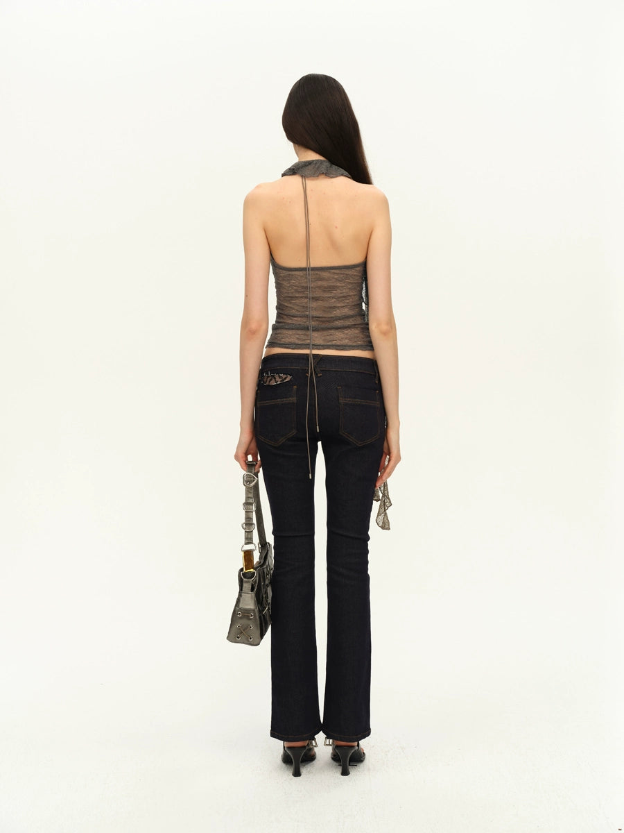 Two-Tone Lace Trim Halter Blouse