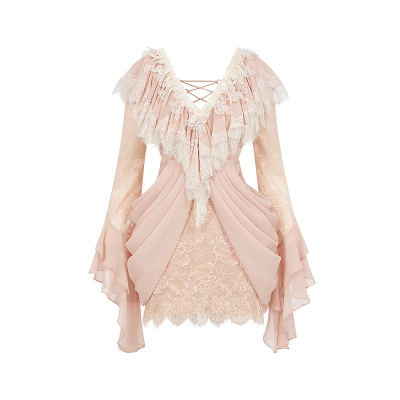 V-Neck Lace Pleated Dress