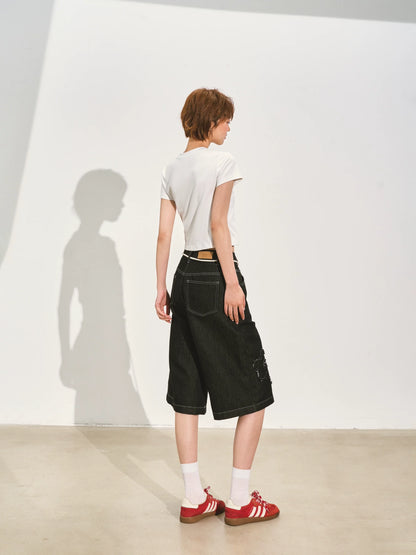Original Color Raw-edge Floral Denim Shorts