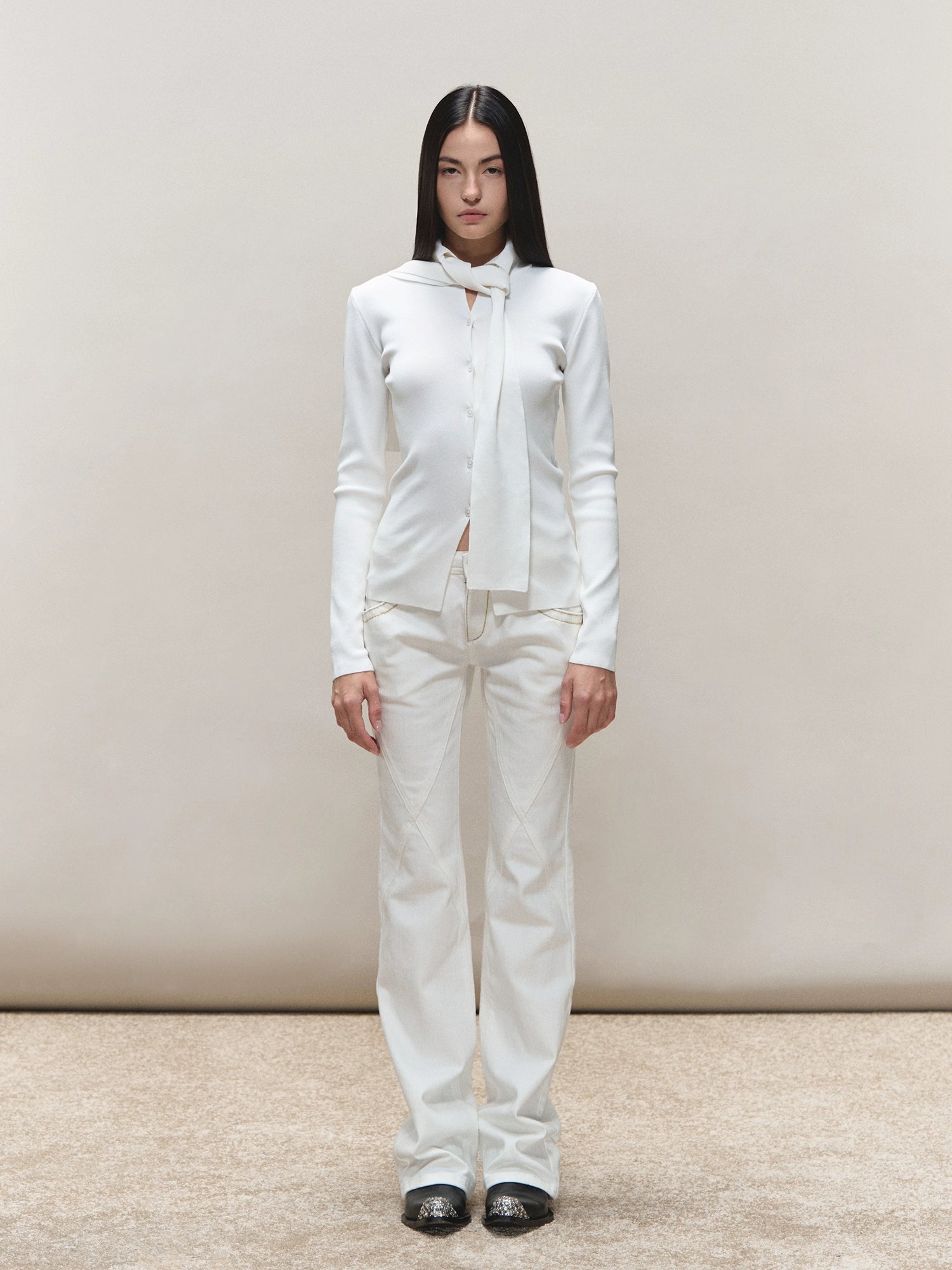 Vintage-Wash Seam-Panel White Jeans