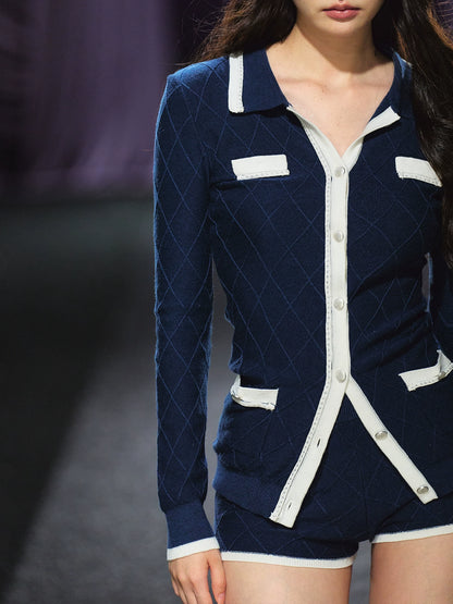 Tweed-Style Diamond Knit Cardigan &amp; Shorts Set