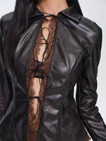Faux-Leather Tie-Front Lace-Trim Cardigan
