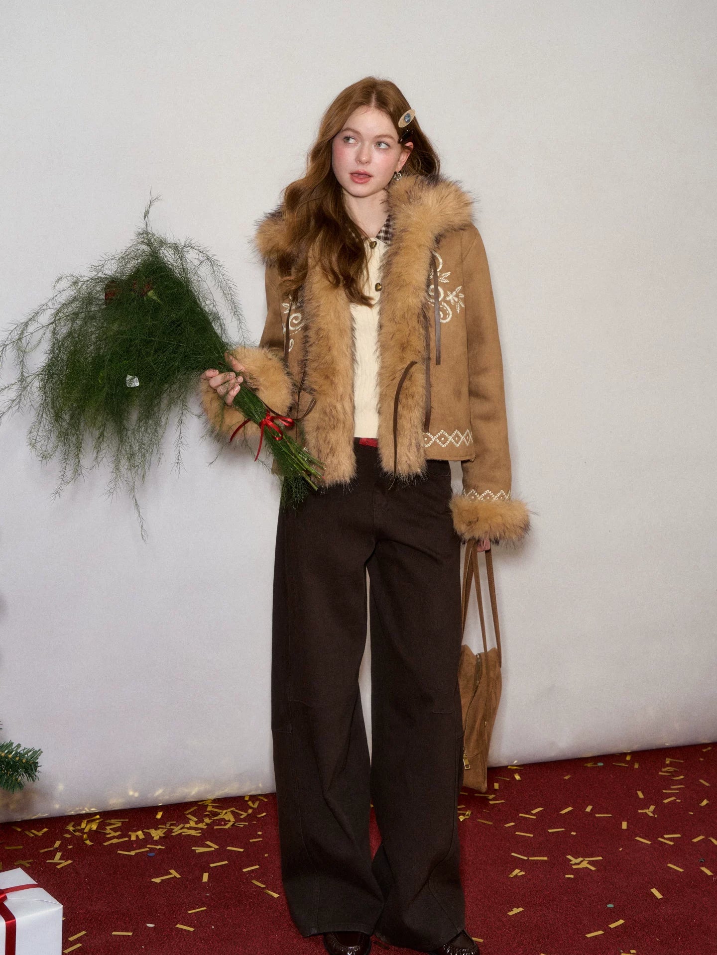 Embroidered Faux Fur Trim Jacket