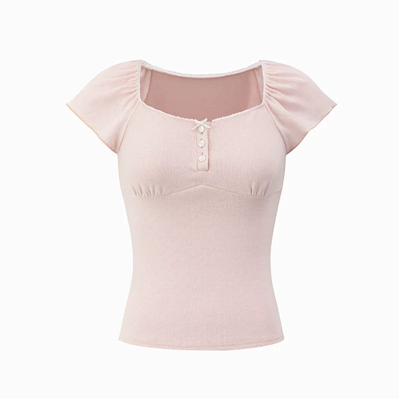 Pink Square Neck Short Sleeve T-shirt &amp; Cardigan Set