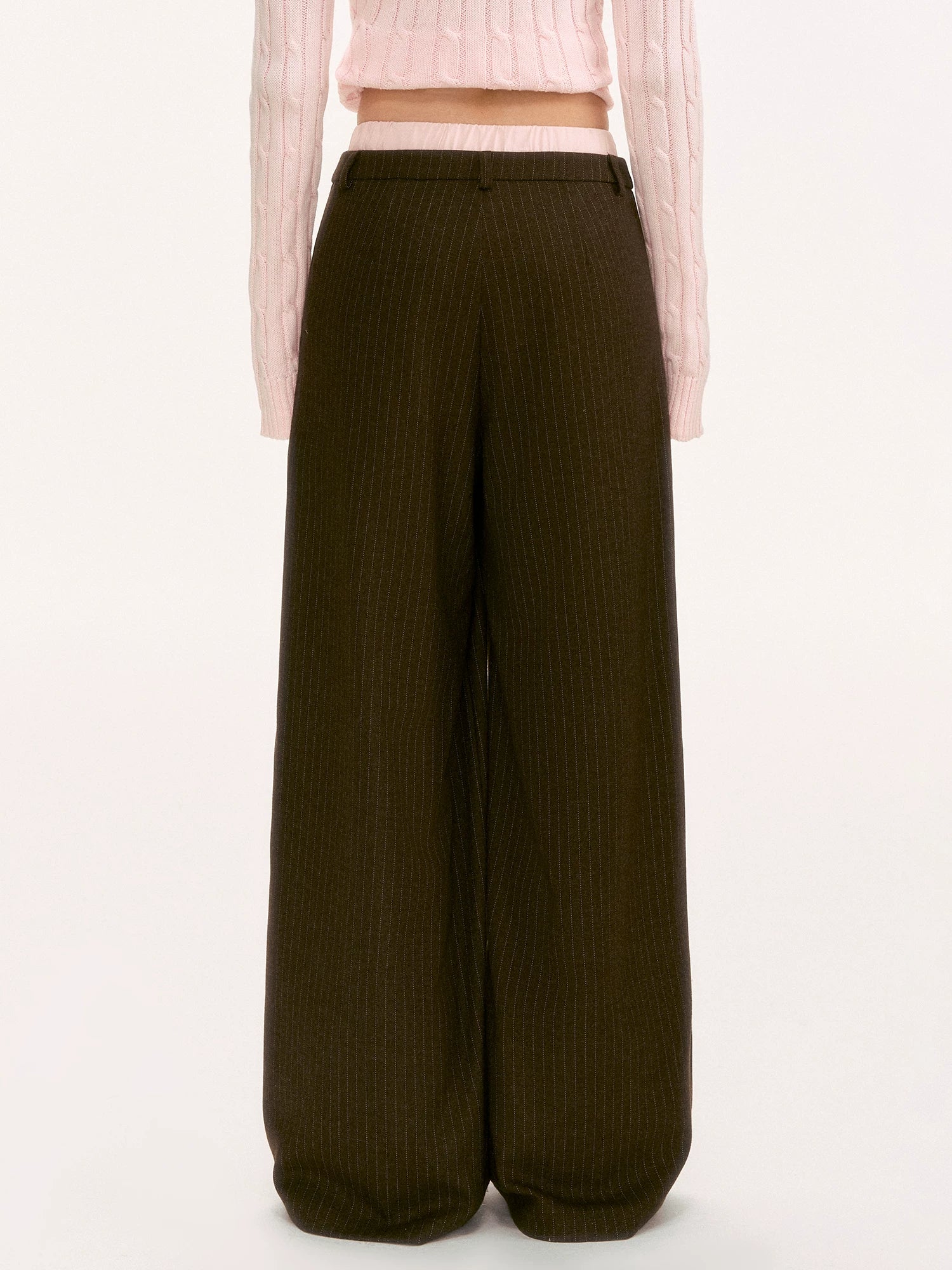 Brown Double-Waist Stripe Wide-Leg Pants