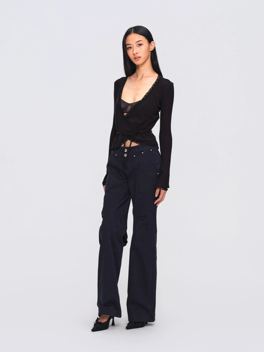 Two-Tone Lace-Trim Cross-Tie Cropped Knit Cardigan