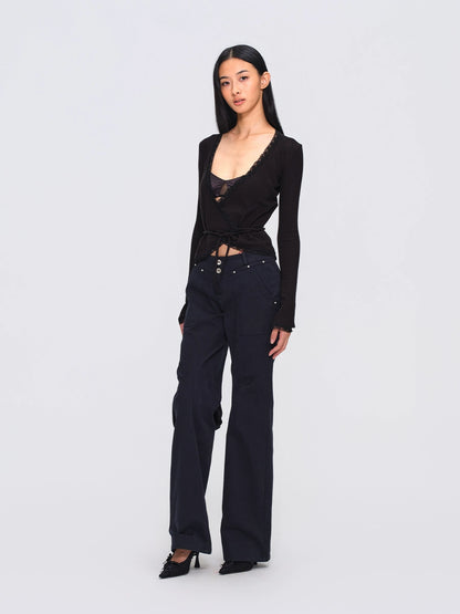 Two-Tone Lace-Trim Cross-Tie Cropped Knit Cardigan