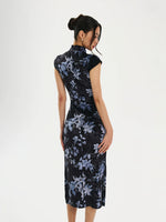 Black Floral Velvet Split Qipao Dress
