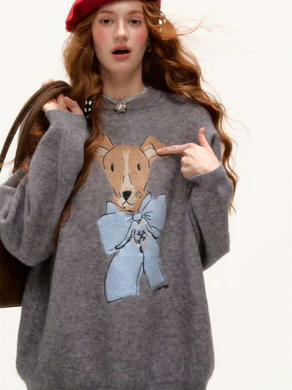 Bow-Knot Puppy Jacquard Pullover Sweater